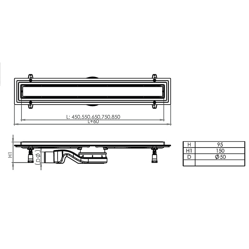 Водоотводящий пластиковый желоб AZARIO 550 мм с лотком под плитку (двухсторонняя решетка), с выходом
