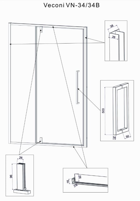 Душевая дверь Veconi VN-34B Арт. VN34B-100-01-C7 Стекло прозрачное, 6 мм