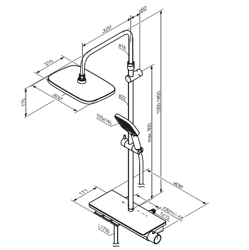 Душевая система Damixa Gala 953760300 стойка с тропическим душем, термостатом, черная матовая