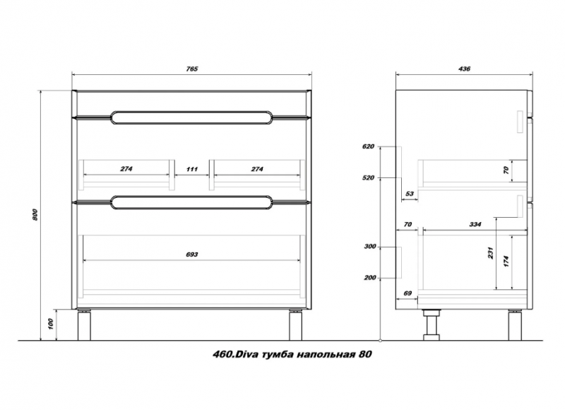 Тумба напольная SanStar Diva 80 Без раковины для ванной комнаты Дуб вотан, графит софт