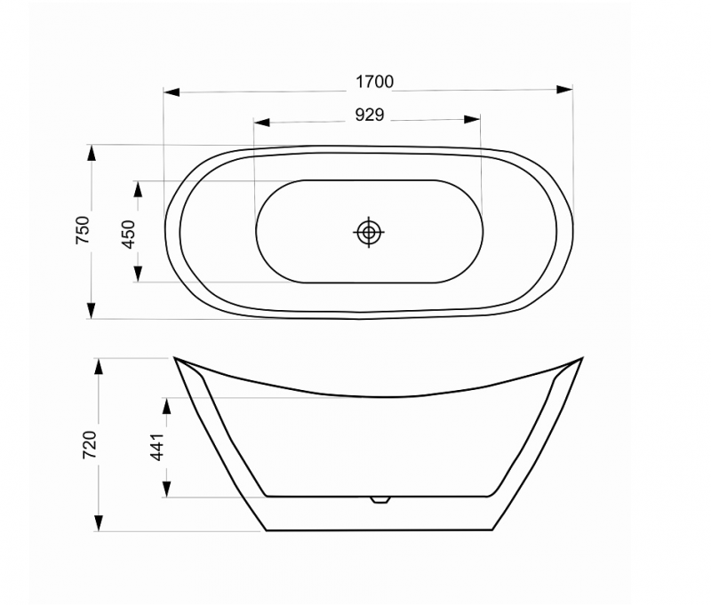 Акриловая ванна 1700*750*720мм MELADO белая, свободностоящая + сифон и метал ножками