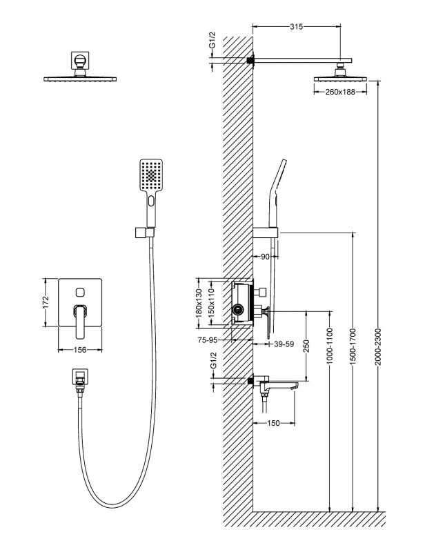 Душевая система SX-4399/03SM black TIMO Torne (скр. монтажа, 3 режимная)