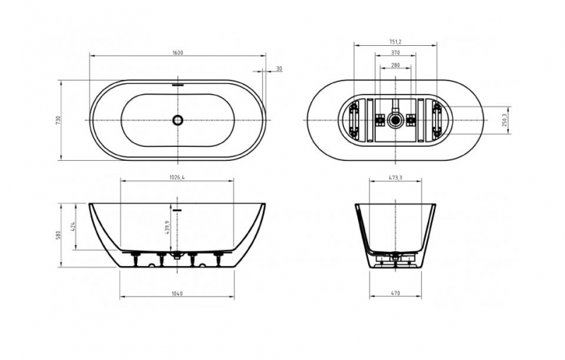 Акриловая ванна отдельност овал в компл слив-пер хр Бел UNO BelBagno (BB701-1600-730-K (335136)