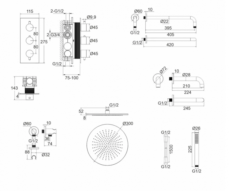 Душевая система для ванны термостат скрытого монтажа WHITECROSS Y YSET11NIB (брашированный никель)
